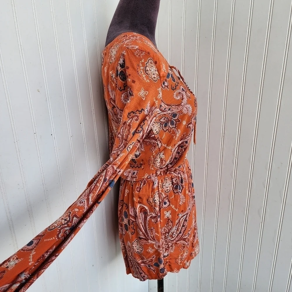 Abercrombie & Fitch Women's Paisley Romper Orange Long Sleeves Lace Up XS